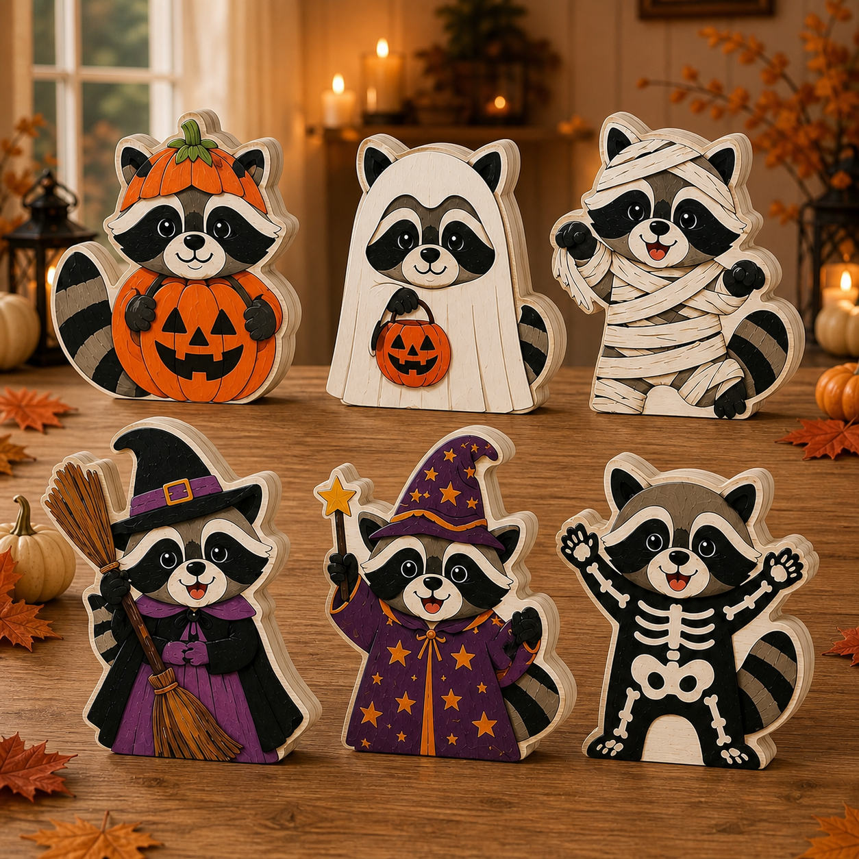 Personalized Racoon Wooden Block Halloween 2D Flat, Custom Wood Sign, Halloween Mantel Decor Gift  THUC99
