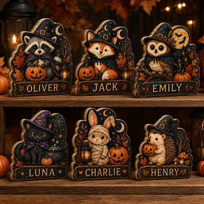 Personalized Halloween Animal Wooden Block 2D Flat, Custom Wood Sign Decor, Gift For Family, Kids  THUC99