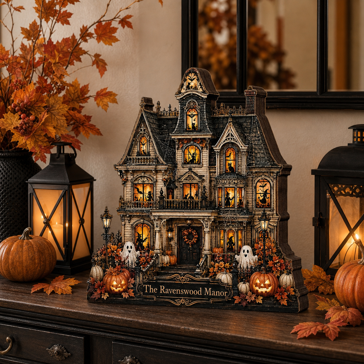 Personalized House Halloween Wood Block 2D Flat, Custom Haunted Sign, Mantel Shelf Decor THUC99