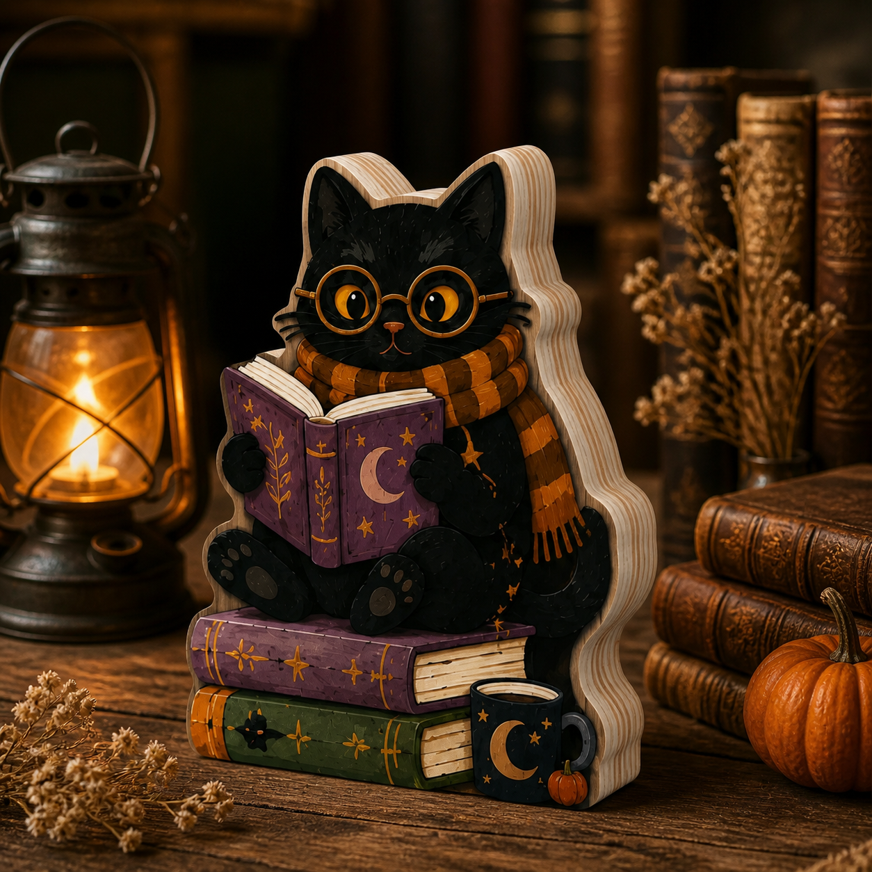 Personalized Black Cat Reading Book Wooden Block Halloween 2D Flat, Custom Wood Sign, Halloween Mantel Decor Gift  THUC99