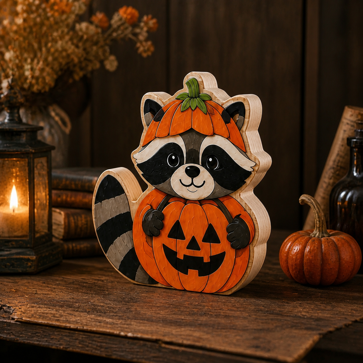 Personalized Racoon Wooden Block Halloween 2D Flat, Custom Wood Sign, Halloween Mantel Decor Gift  THUC99