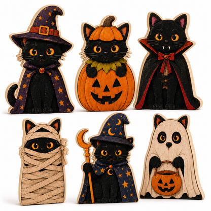 Personalized Black Cat Witch Halloween Wooden Block 2D Flat, Custom Wood Sign, Spooky Home Decor Gift THUC99