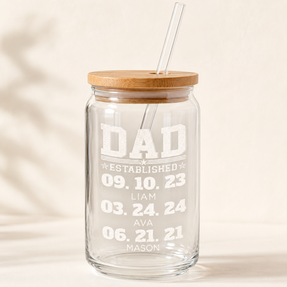 Custom Dad Est Glass 16oz – Personalized Dad Glass Cup with Bamboo Lid & Straw | Gift For Father  TOM99