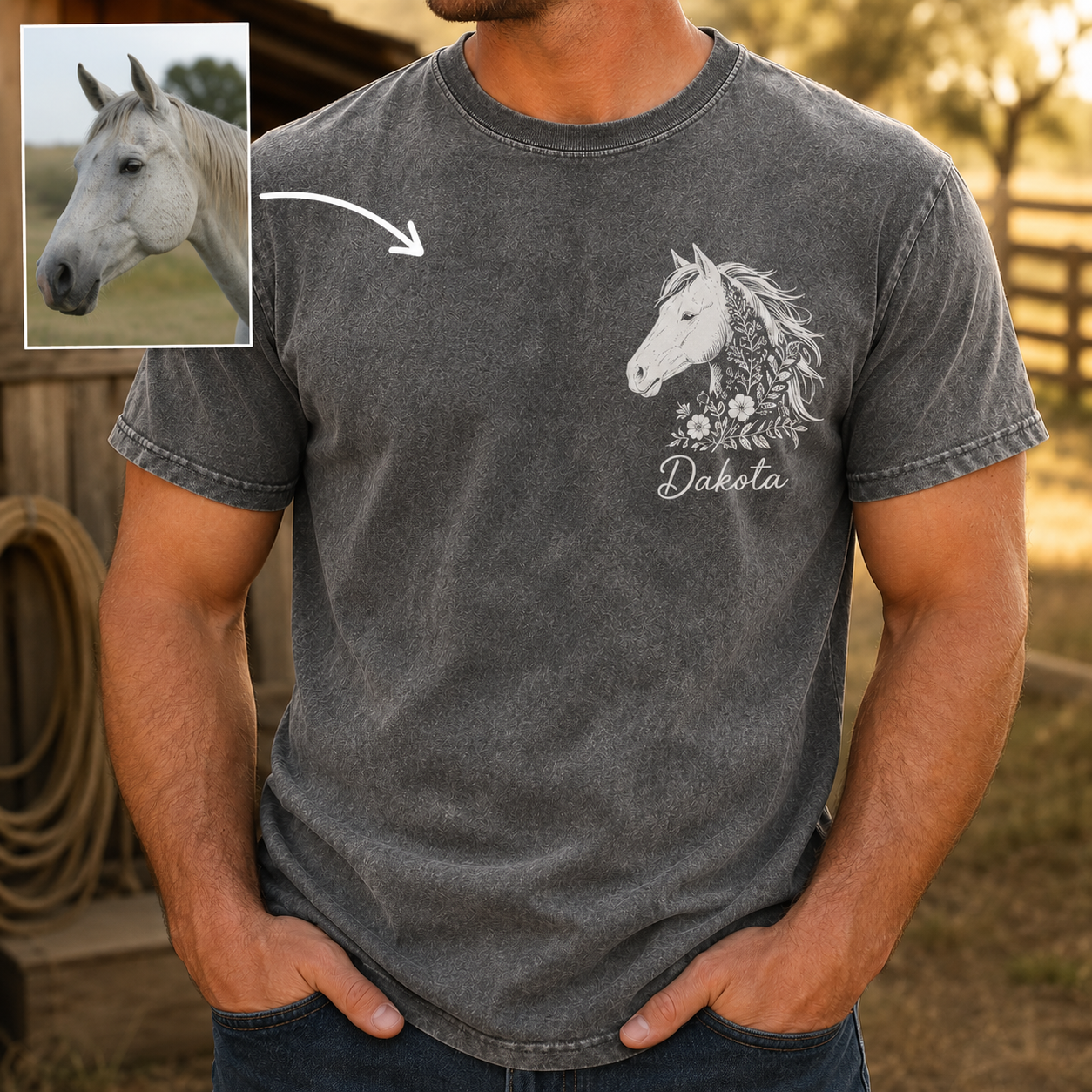 Custom Photo White Horse Wash T-Shirt | Personalized Horse Lover Shirt | Gift For Horse Lovers TOM99