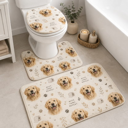 Custom Photo Dog Wipe Paw Repeat 3pcs Bathroom Rug Set | Gift For Dog Lovers | Pet Photo Gifts
