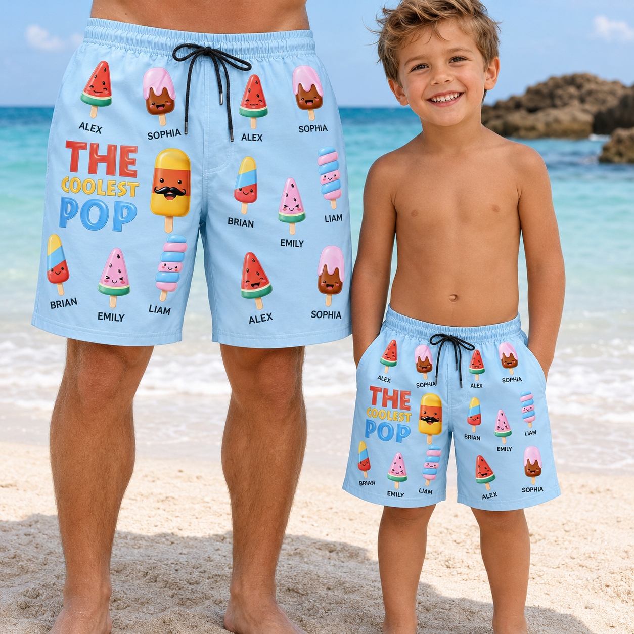 Custom Photo Dad Funny Summer Beach Shorts, Personalized Matching Swim Trunks, Tropical Family Vacation Gift