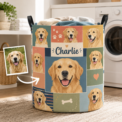 Custom Photo Dog Laundry Basket | Gift For Dog Lovers | Dog Bathroom Decor