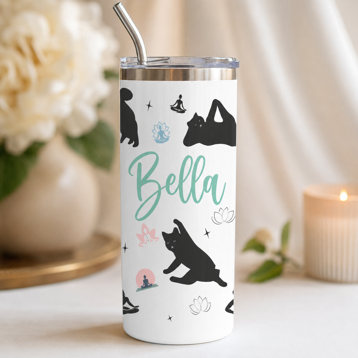 Personalized Yoga Cat 20oz Skinny Tumbler – Custom Cat Photo Skinny Tumbler For Woman and Cat Owners TOM99