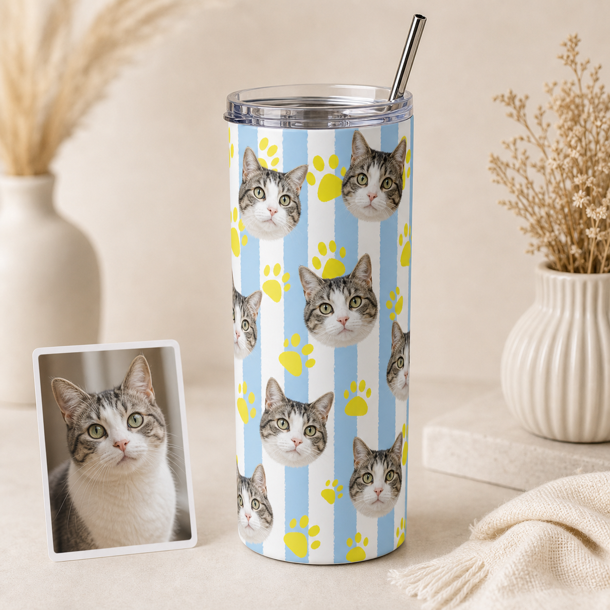 Personalized Photo Cat 20oz Skinny Tumbler – Custom Cat Photo Skinny Tumbler for Woman and Cat Owners TOM99