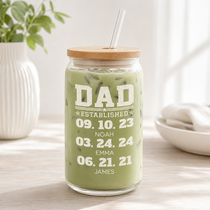 Custom Dad Est Glass 16oz – Personalized Dad Glass Cup with Bamboo Lid & Straw | Gift For Father  TOM99