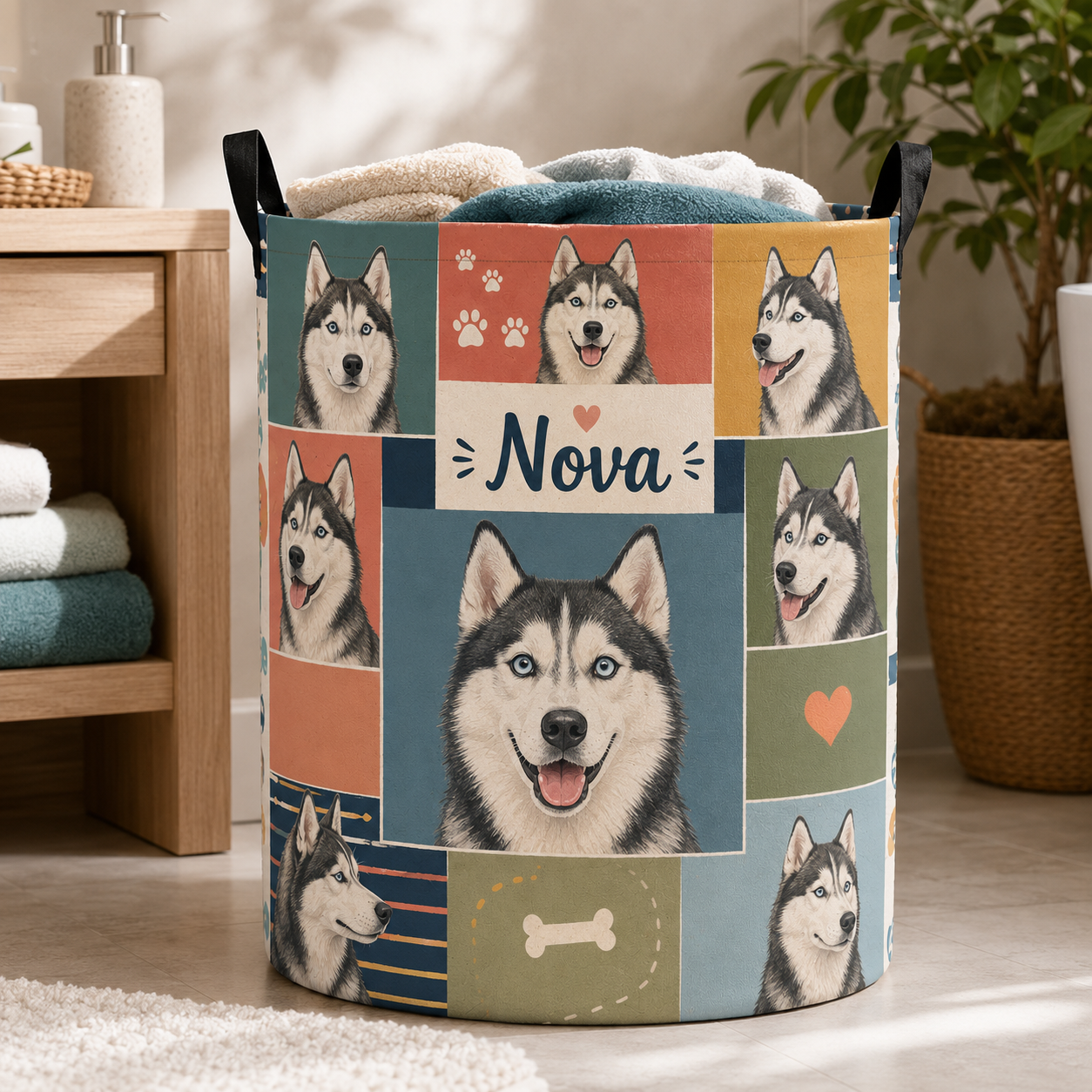Custom Photo Dog Laundry Basket | Gift For Dog Lovers | Dog Bathroom Decor