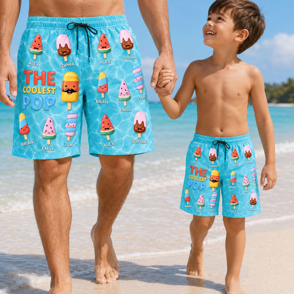 Custom Photo Dad Funny Summer Beach Shorts, Personalized Matching Swim Trunks, Tropical Family Vacation Gift