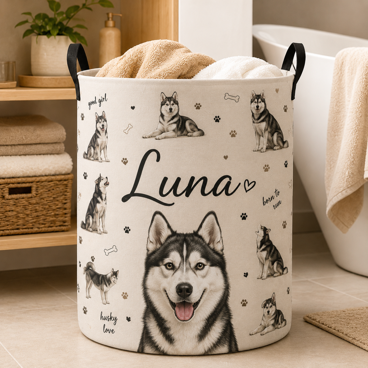 Custom Photo Dog Portrait Laundry Basket | Gift For Dog Lovers | Dog Bathroom Decor