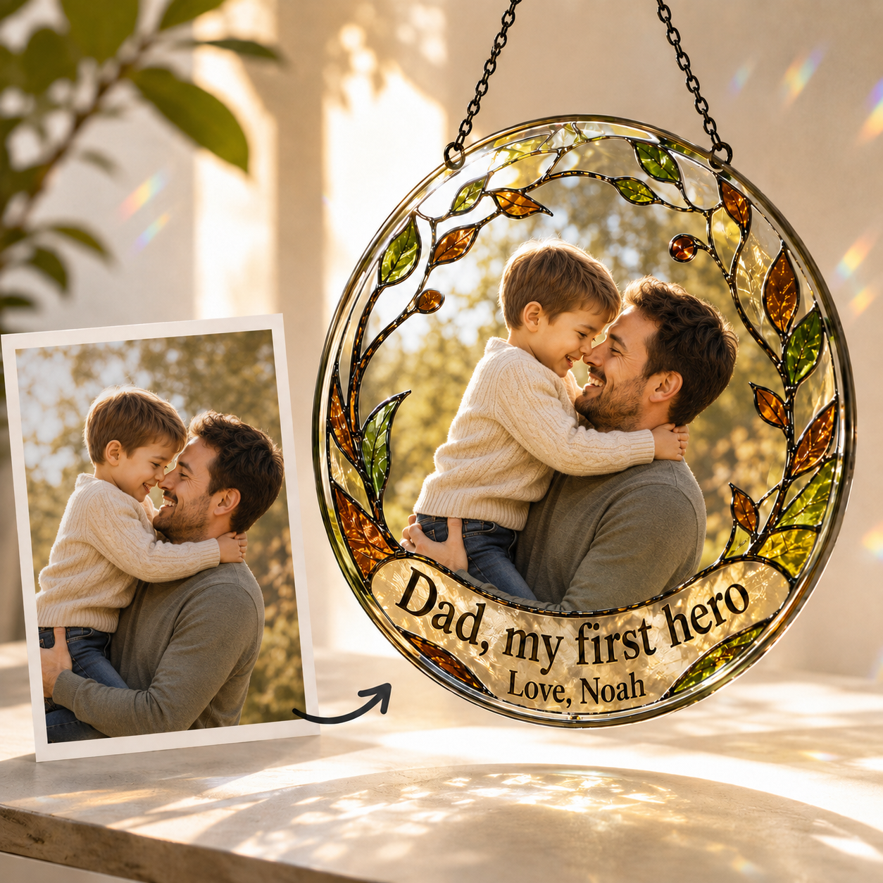 Custom Photo Dad, My First Hero Stained Glass Suncatcher – Personalized Dad Gifts | Gift For Dad TOM99