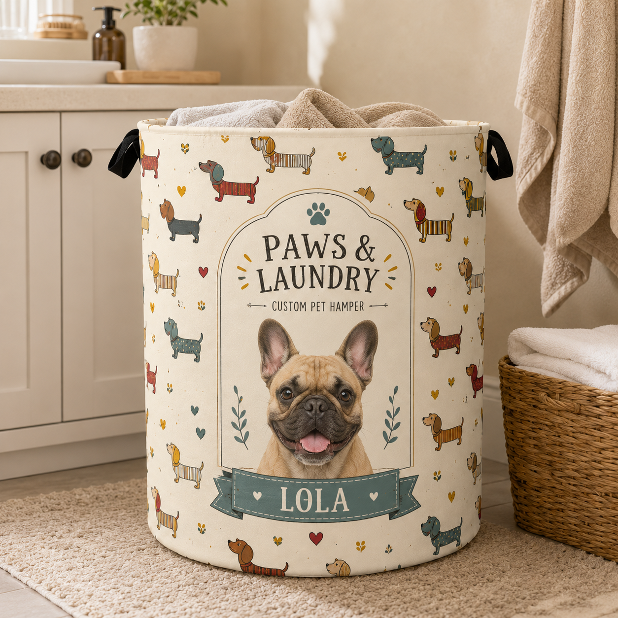 Custom Photo Dog Laundry Basket | Gift For Dog Lovers | Dog Bathroom Decor
