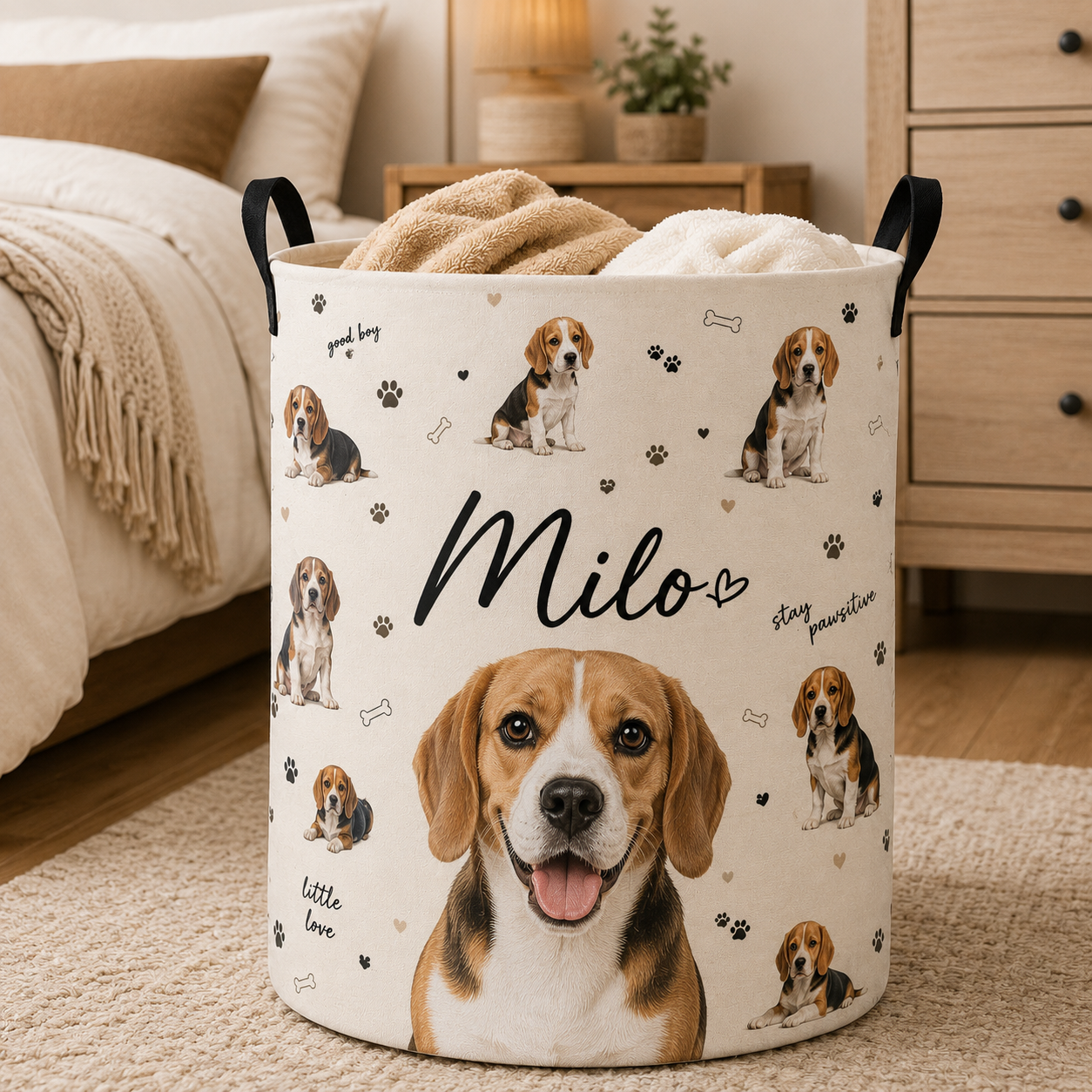 Custom Photo Dog Portrait Laundry Basket | Gift For Dog Lovers | Dog Bathroom Decor