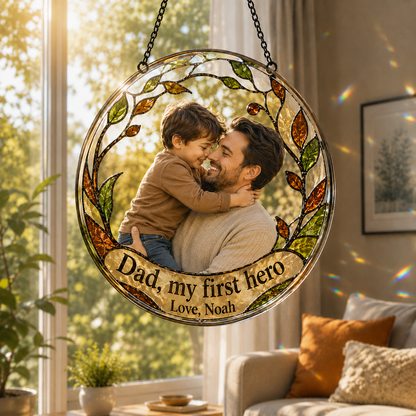 Custom Photo Dad, My First Hero Stained Glass Suncatcher – Personalized Dad Gifts | Gift For Dad TOM99