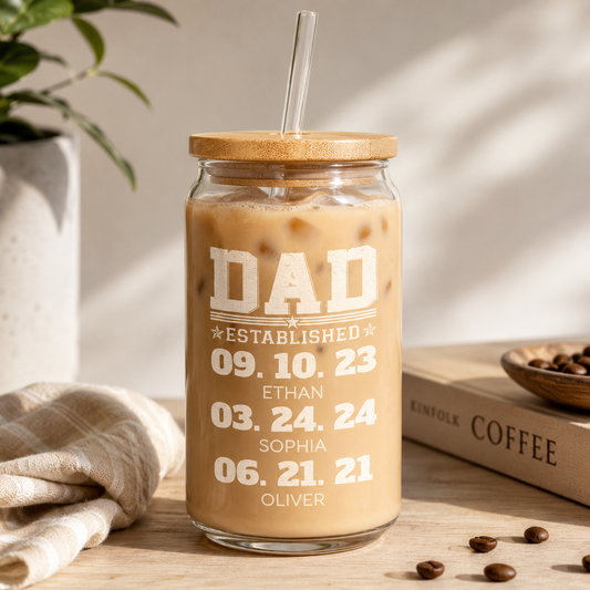 Custom Dad Est Glass 16oz – Personalized Dad Glass Cup with Bamboo Lid & Straw | Gift For Father  TOM99