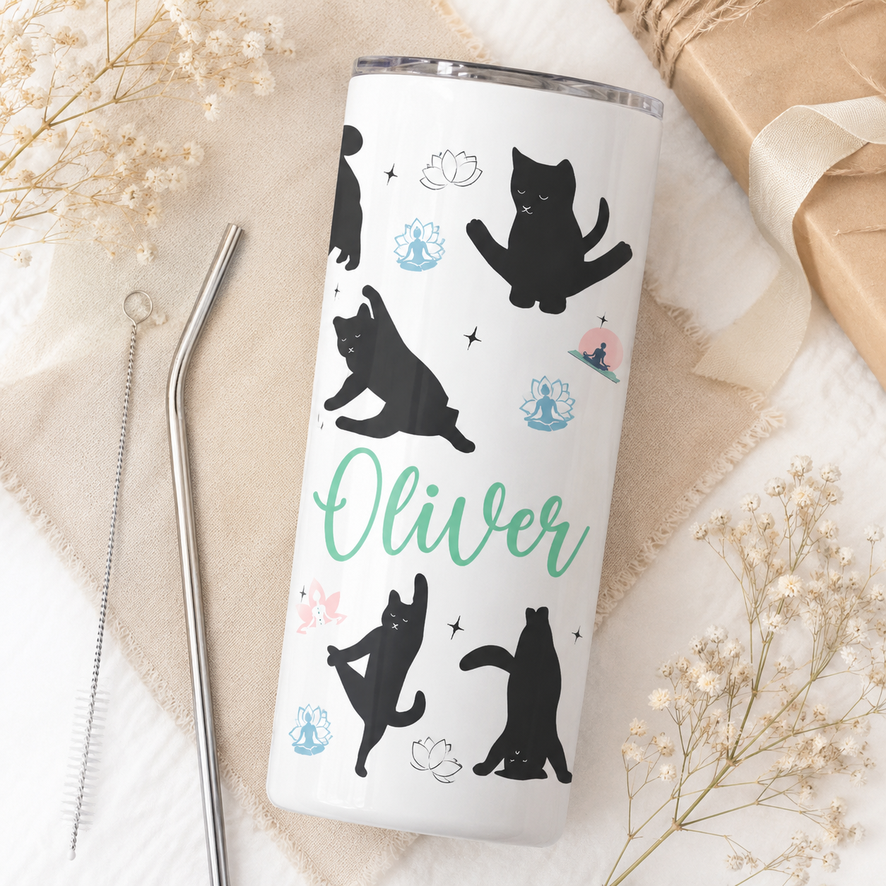Personalized Yoga Cat 20oz Skinny Tumbler – Custom Cat Photo Skinny Tumbler For Woman and Cat Owners TOM99