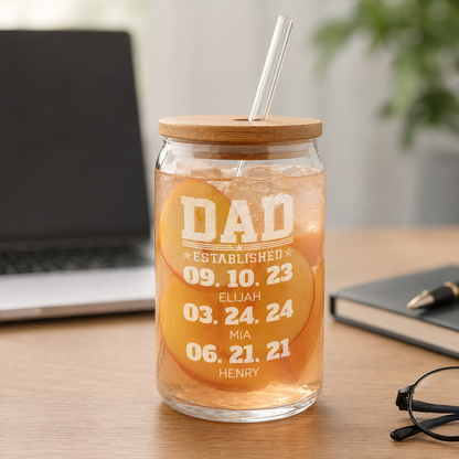 Custom Dad Est Glass 16oz – Personalized Dad Glass Cup with Bamboo Lid & Straw | Gift For Father  TOM99