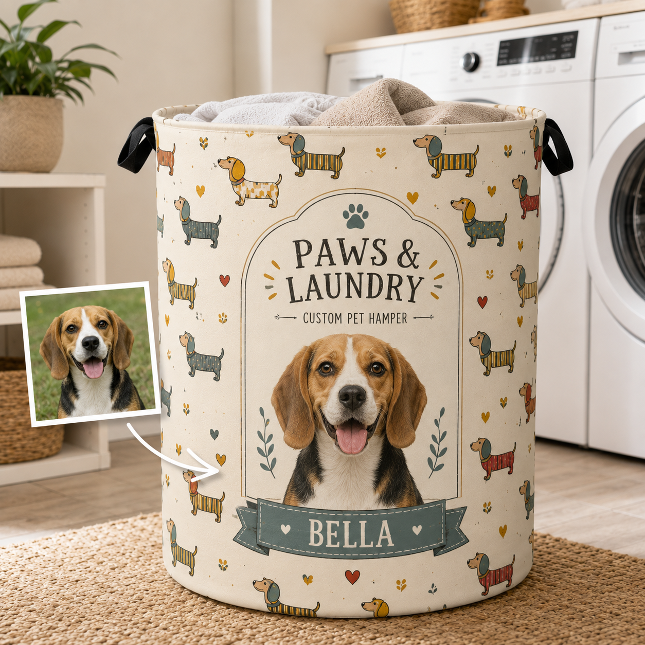 Custom Photo Dog Laundry Basket | Gift For Dog Lovers | Dog Bathroom Decor