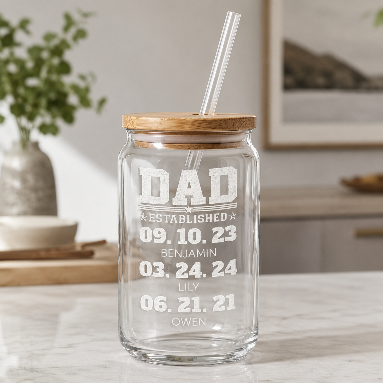 Custom Dad Est Glass 16oz – Personalized Dad Glass Cup with Bamboo Lid & Straw | Gift For Father  TOM99