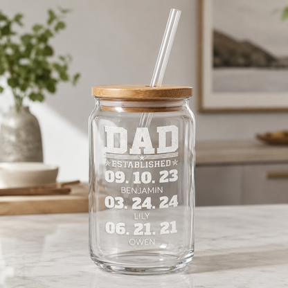 Custom Dad Est Glass 16oz – Personalized Dad Glass Cup with Bamboo Lid & Straw | Gift For Father  TOM99