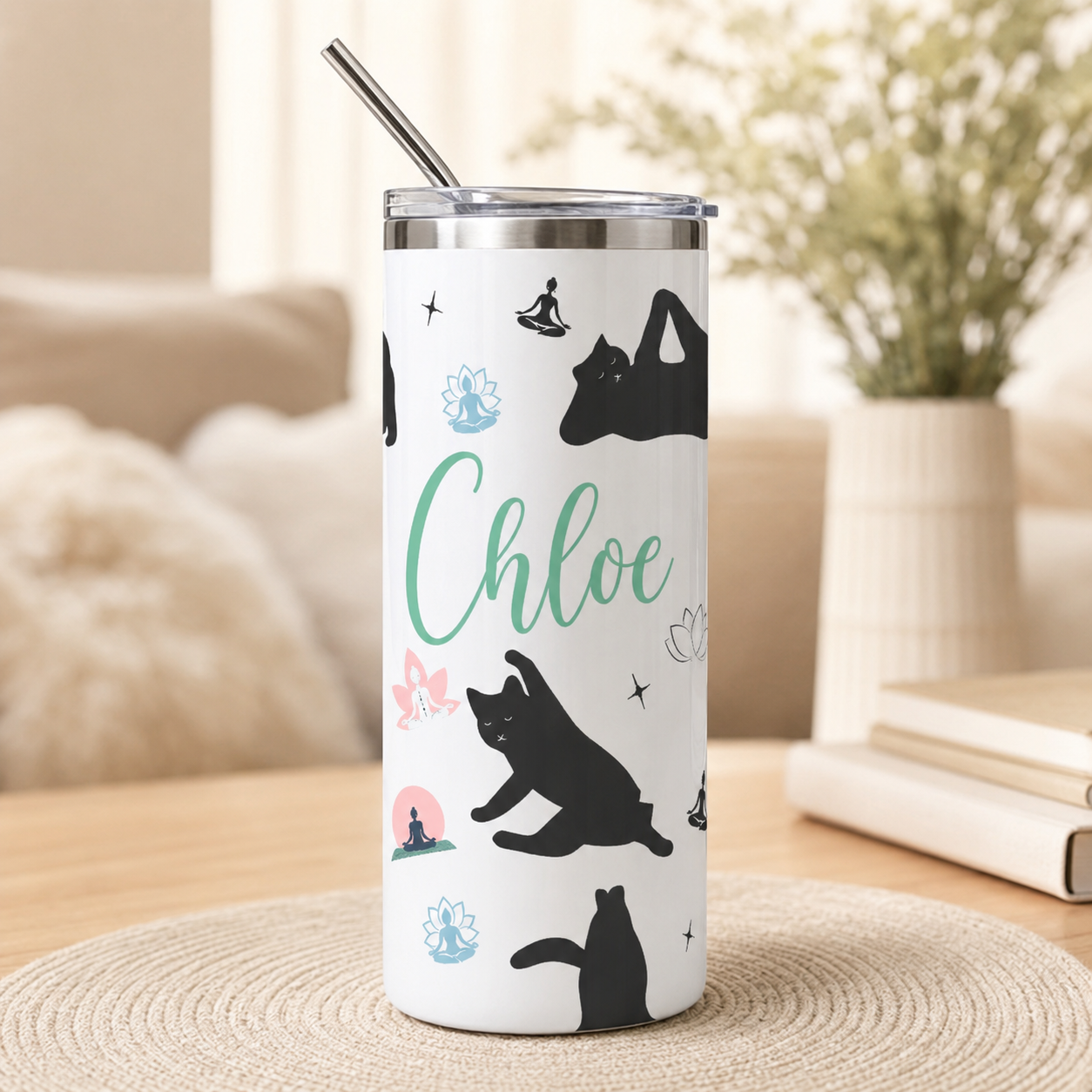 Personalized Yoga Cat 20oz Skinny Tumbler – Custom Cat Photo Skinny Tumbler For Woman and Cat Owners TOM99