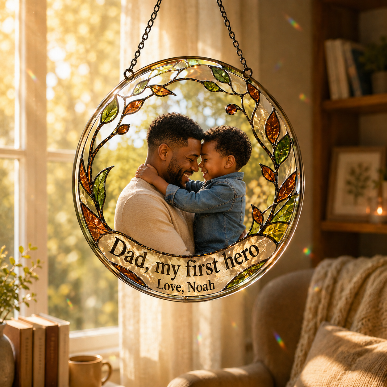 Custom Photo Dad, My First Hero Stained Glass Suncatcher – Personalized Dad Gifts | Gift For Dad TOM99