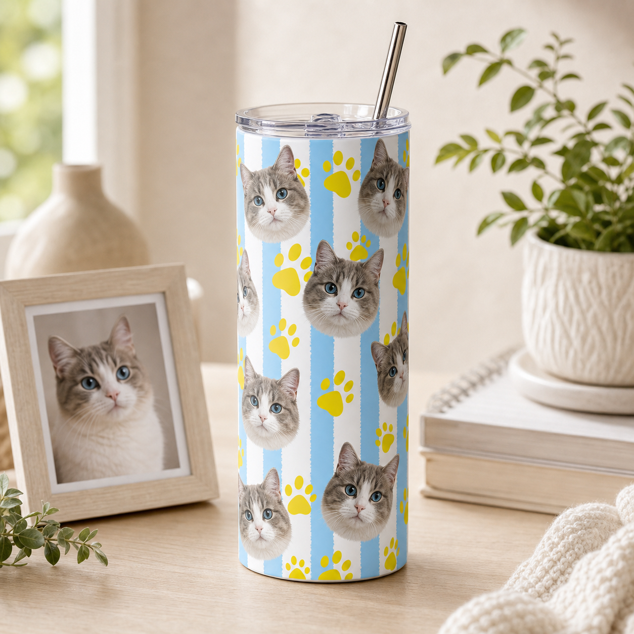 Personalized Photo Cat 20oz Skinny Tumbler – Custom Cat Photo Skinny Tumbler for Woman and Cat Owners TOM99