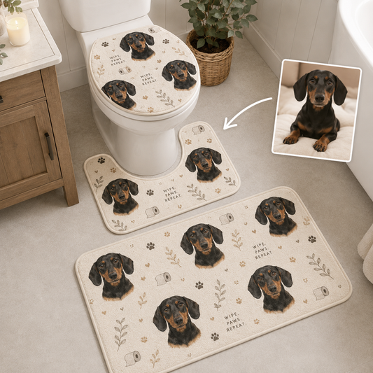 Custom Photo Dog Wipe Paw Repeat 3pcs Bathroom Rug Set | Gift For Dog Lovers | Pet Photo Gifts