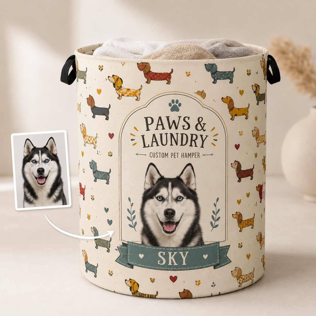 Custom Photo Dog Laundry Basket | Gift For Dog Lovers | Dog Bathroom Decor