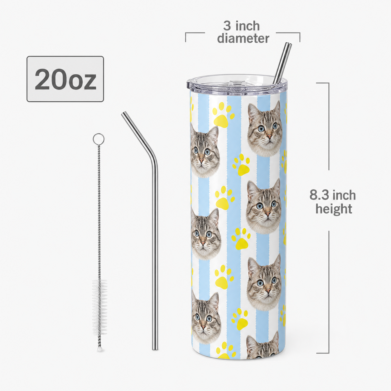 Personalized Photo Cat 20oz Skinny Tumbler – Custom Cat Photo Skinny Tumbler for Woman and Cat Owners TOM99