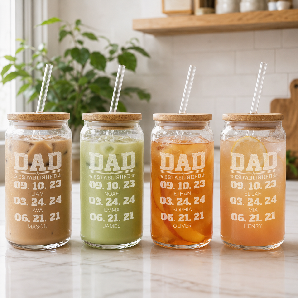 Custom Dad Est Glass 16oz – Personalized Dad Glass Cup with Bamboo Lid & Straw | Gift For Father  TOM99