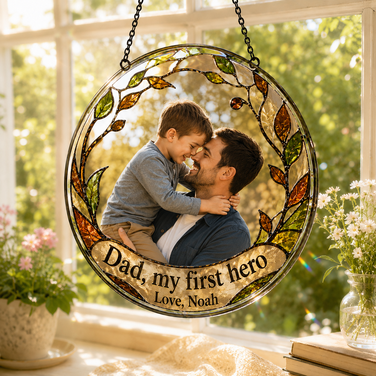 Custom Photo Dad, My First Hero Stained Glass Suncatcher – Personalized Dad Gifts | Gift For Dad TOM99