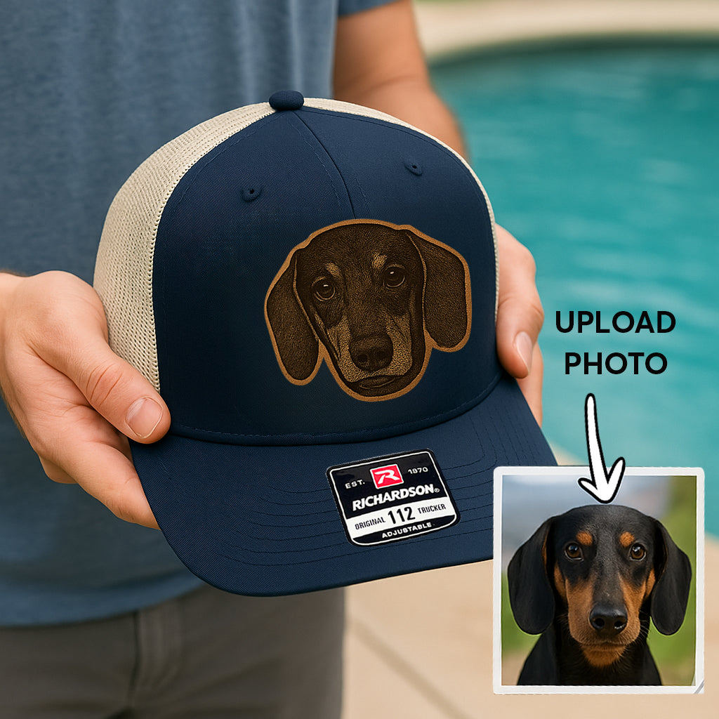 Custom Pet Photo Trucker Hat – Personalized Leather Patch Hat – Dog Dad Gift – Custom Pet Memorial Hat - Dog Lover Gift - Engraved Hat NGOC99A1