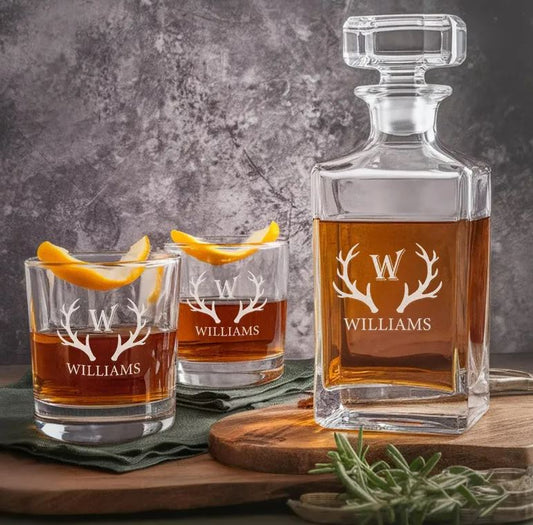 Custom Name And Deer Antlers Whiskey Glass And Decanter Set