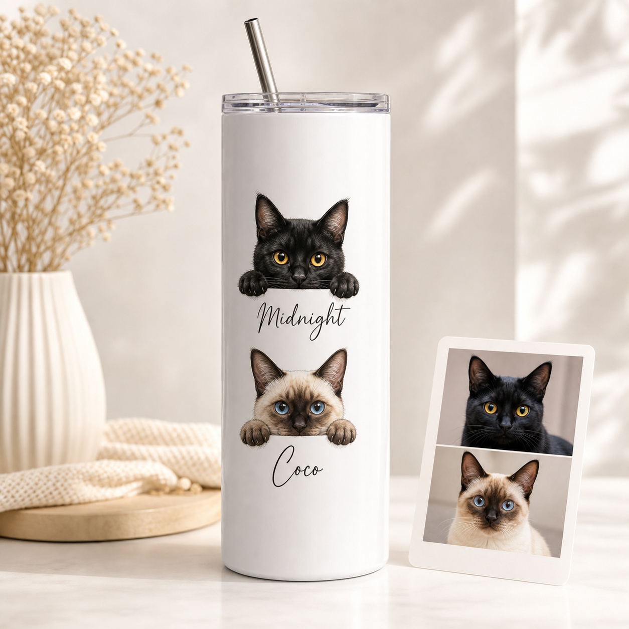 Personalized Photo Funny Cat 20oz Skinny Tumbler – Custom Cat Photo Skinny Tumbler for Woman and Cat Owners TOM99