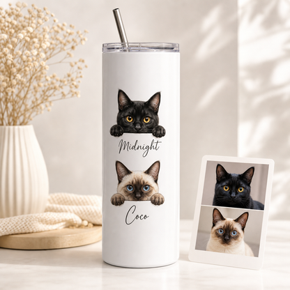 Personalized Photo Funny Cat 20oz Skinny Tumbler – Custom Cat Photo Skinny Tumbler for Woman and Cat Owners TOM99