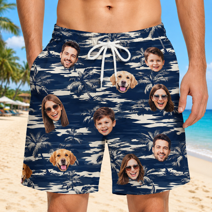 Custom Photo Dad & Son Summer Beach Shorts, Personalized Matching Swim Trunks, Tropical Family Vacation Gift