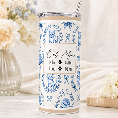 Personalized Cat Mom 20oz Skinny Tumbler – Custom Cat Photo Skinny Tumbler For Woman and Cat Owners TOM99