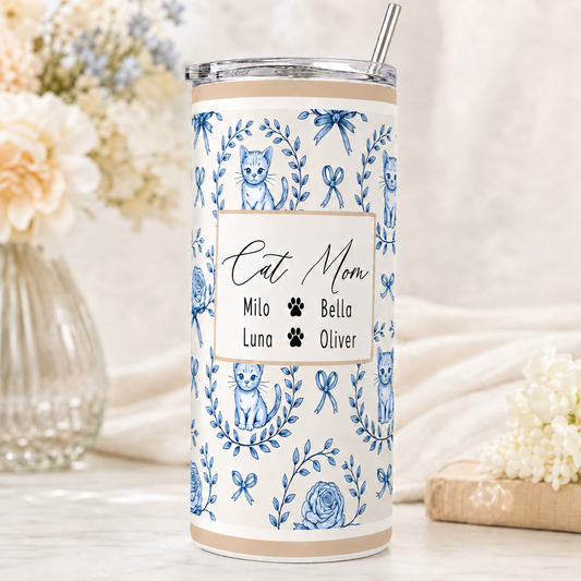 Personalized Cat Mom 20oz Skinny Tumbler – Custom Cat Photo Skinny Tumbler For Woman and Cat Owners TOM99