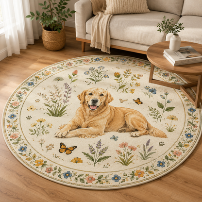 Custom Photo Dog Floral Round Carpet | Photo Pet Round Rug | Gift For Dog Lovers