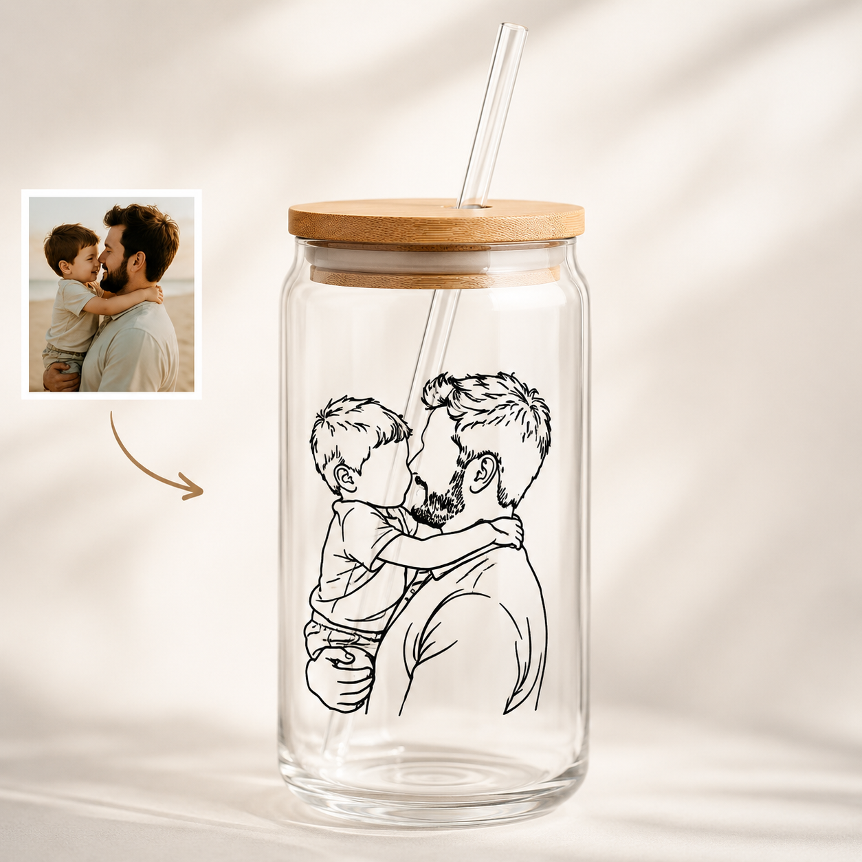 Custom Photo Dad Glass 16oz – Personalized Dad Glass Cup with Bamboo Lid & Straw | Gift For Father  TOM99