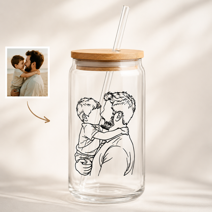 Custom Photo Dad Glass 16oz – Personalized Dad Glass Cup with Bamboo Lid & Straw | Gift For Father  TOM99
