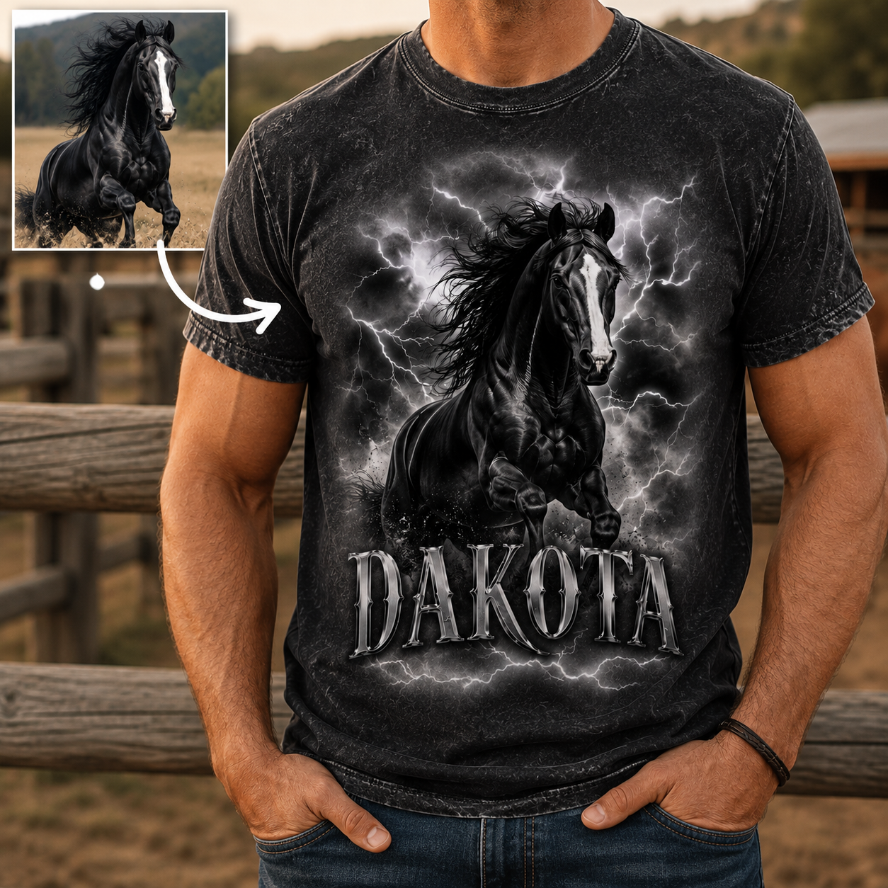 Custom Photo Dark Horse Wash T-Shirt | Personalized Horse Lover Shirt | Gift For Horse Lovers TOM99