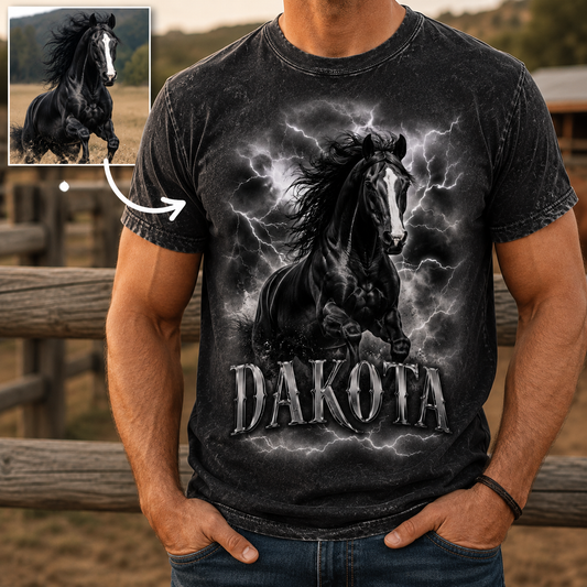Custom Photo Dark Horse Wash T-Shirt | Personalized Horse Lover Shirt | Gift For Horse Lovers TOM99