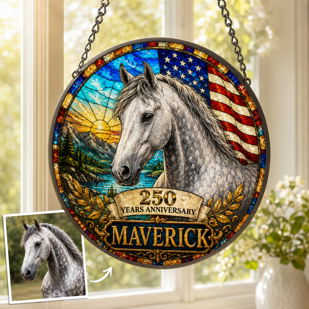 Custom Photo 250th US Horse Stained Glass Suncatcher – Personalized Horse Lover Gifts | Gift For Horse Lover TOM99