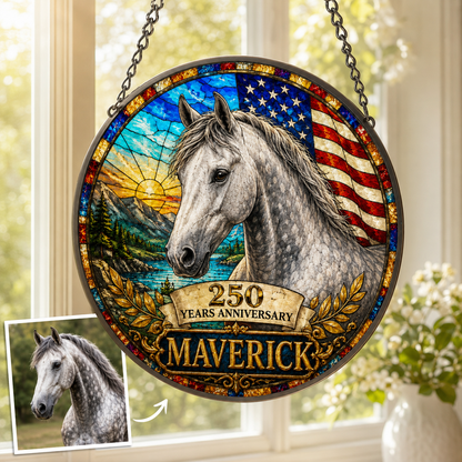 Custom Photo 250th US Horse Stained Glass Suncatcher – Personalized Horse Lover Gifts | Gift For Horse Lover TOM99