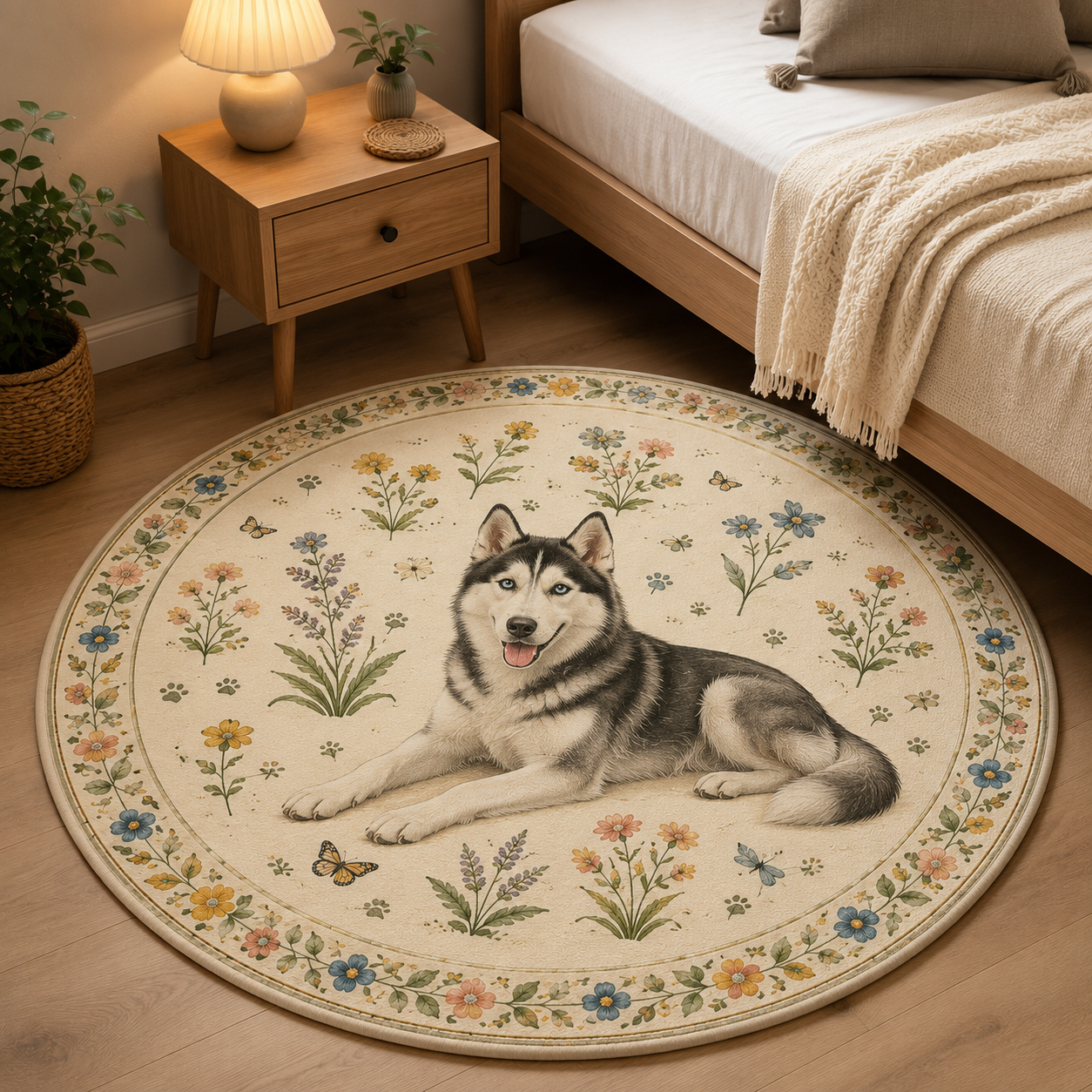 Custom Photo Dog Floral Round Carpet | Photo Pet Round Rug | Gift For Dog Lovers